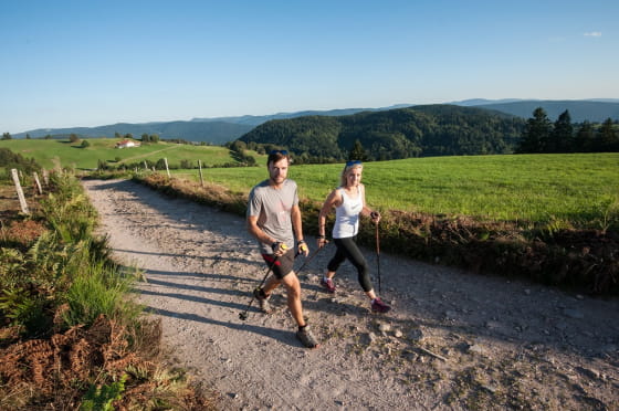 Couple en randonnée : marche nordique