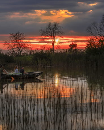 Balade en barque au coucher du soleil à l'étang de Saint-Bresson