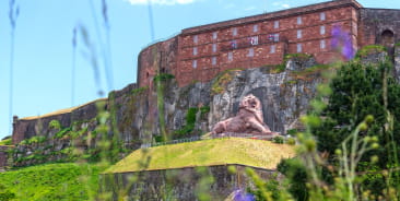 Belfort printemps vue d'ensemble de la citadelle avec lion de Bartholdi